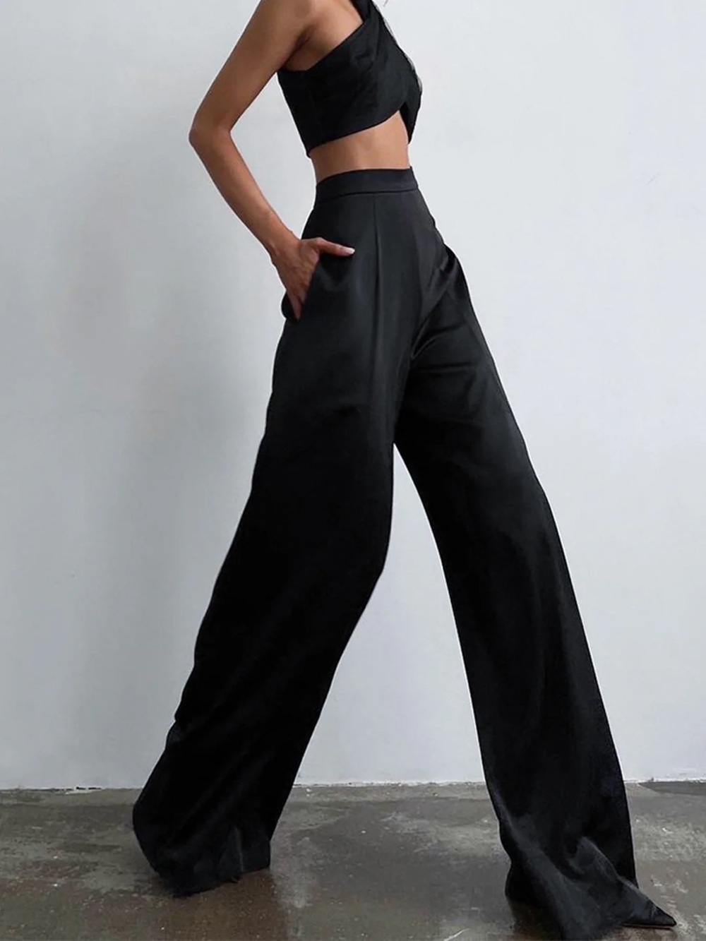 Commense Black Satin Wide-Leg High-Waist Pants Womens XS NWT